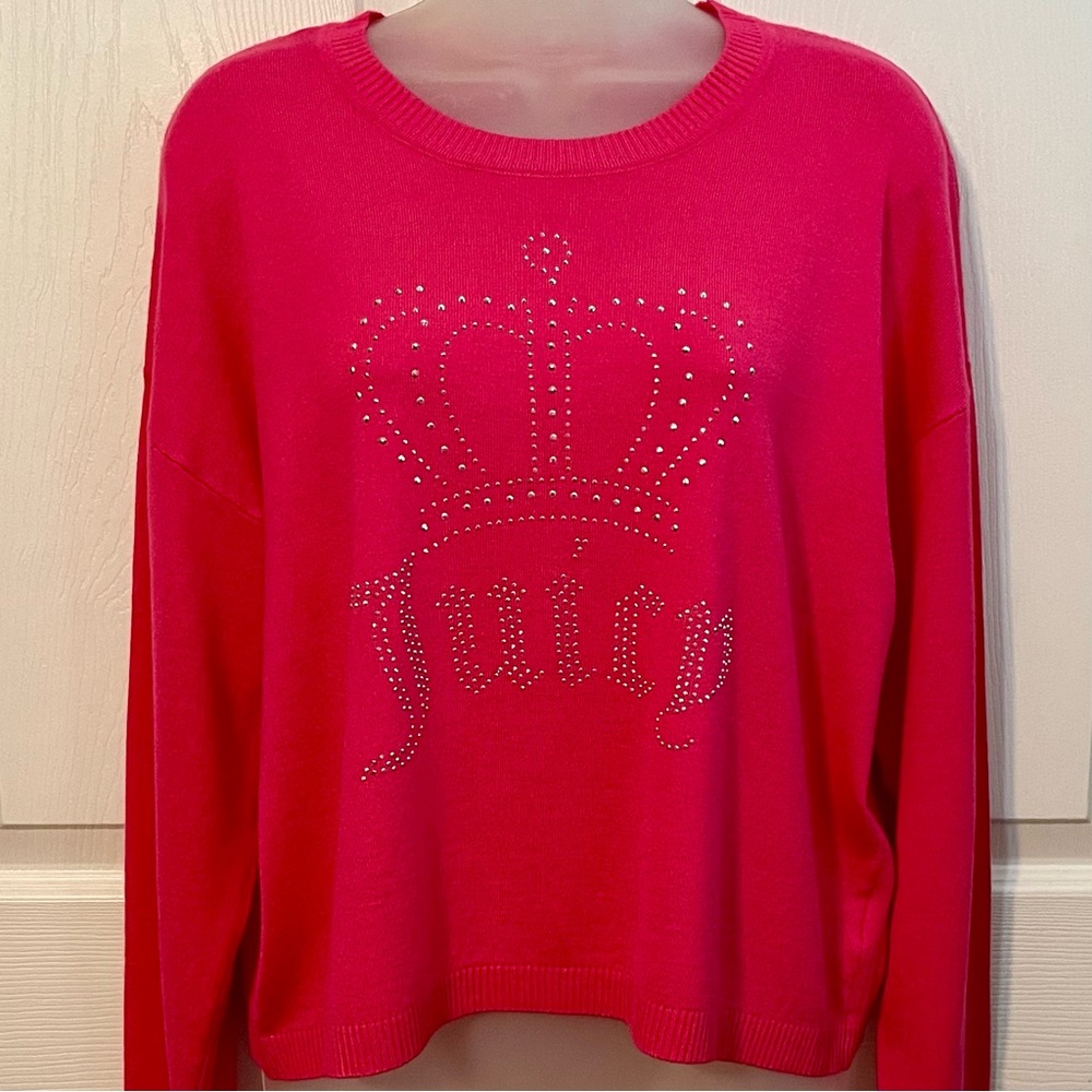 Juicy Couture Fuchsia Crystal Crown Embellished Sweater NWT MISSES SIZE XL